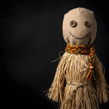 Handmade straw doll with button eyes. Rustic burlap scarecrow toy on black background.