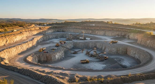 Expansive Open Pit Quarry Operations with Heavy Machinery at Sunrise