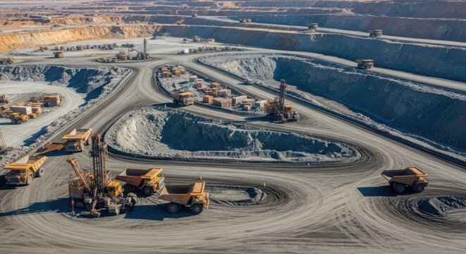 Expansive Open-Pit Mine With Heavy Machinery And Trucks Operating In A Vast Industrial Landscape