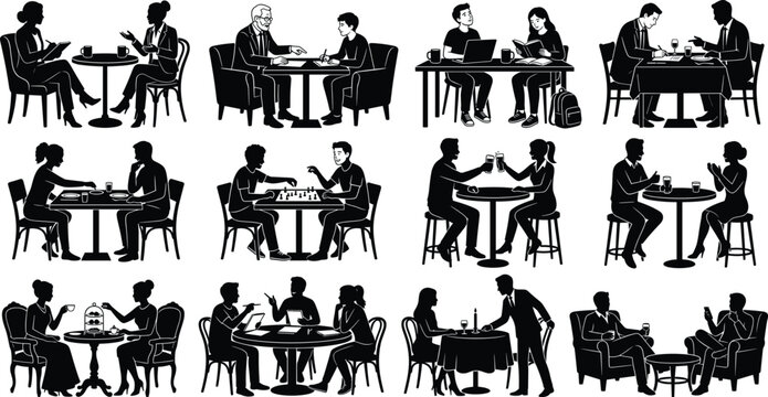 Set of black silhouettes showing people dining, working, studying, and socializing together at various tables