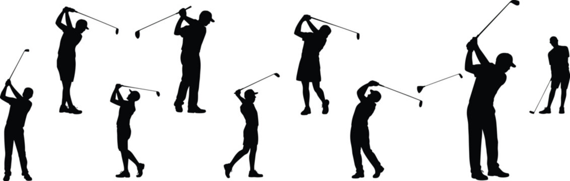 Collection of professional golf player silhouettes in various swing poses for sports branding and tournament design