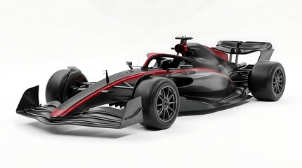 Fototapeta premium Sleek modern Formula 1 race car with black and red design against a clean white background.