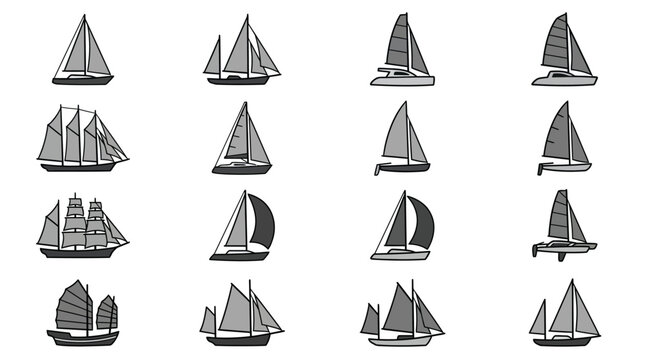 Corporate Collection of Diverse Sailboat Types and Styles in Monochromatic Line Art for Business Presentations