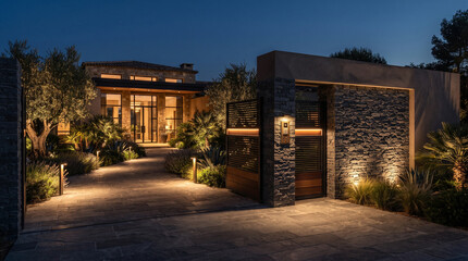 Fototapeta premium Luxurious modern mansion with ambient lighting, stone accents, and manicured landscaping at dusk