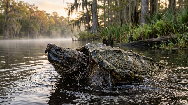 alligator snapping turtle emerging water sunrise
