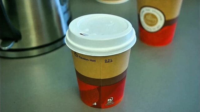 Disposable paper cup filled with rich dark frothy coffee, marked hot warning and volume text on smooth gray table