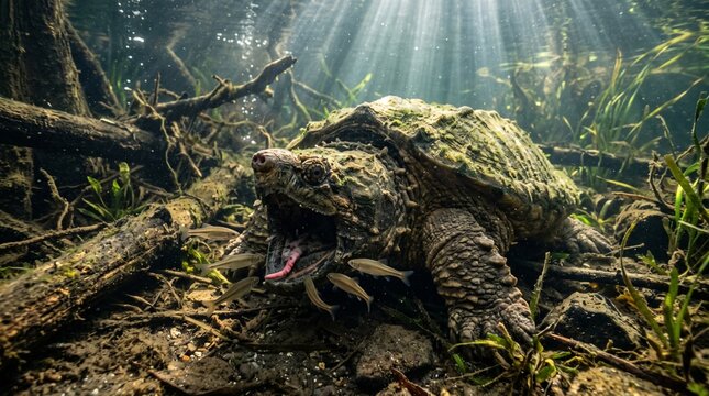 alligator snapping turtle luring fish