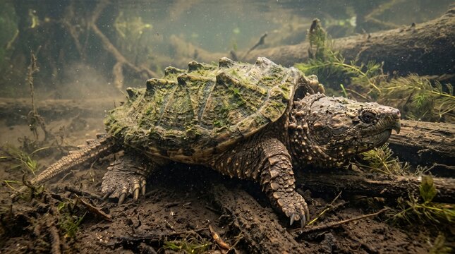 alligator snapping turtle resting river bottom