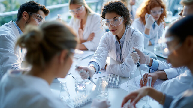 Bright modern teaching laboratory top down view of doctoral students in white coats safety goggles and gloves working together on a chemical analysis task beakers pipettes
