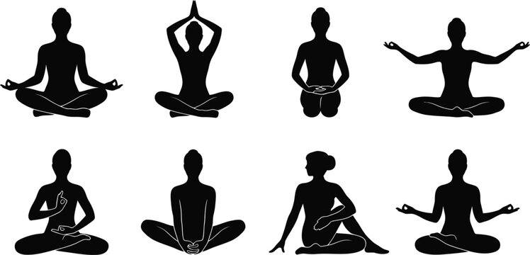 Yoga poses and meditation silhouette vector icon set, black lotus pose, mudra, and wellness posture collection