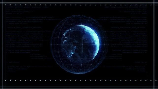 Global digital sphere visual planet, code layers, grid frame, 19 interface. programming cyber reports, data networks, world communication themes, software screens, AI edits, futuristic motion