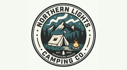 Fototapeta premium Northern Lights Camping Co. Vintage Outdoor Adventure Emblem.