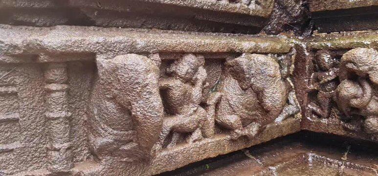 Intricate Deep Stone Carvings and Weathered Bas Relief Sculptures on Ancient Wall of Shri Ambareshwar Shiva Temple, Maharashtra