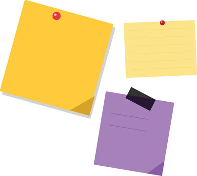Three colorful sticky notes with push pins and tape attached to a plain white background for office reminders