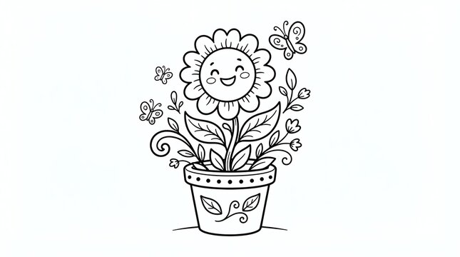 Cute cartoon sunflower character with a happy face planted in a decorative flower pot line art illustration