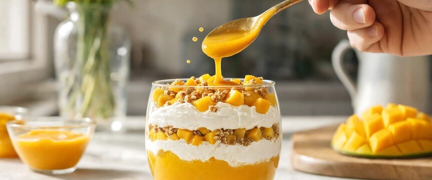 A hand pours creamy mango dessert with layers of fruit and granola into a parfait glass