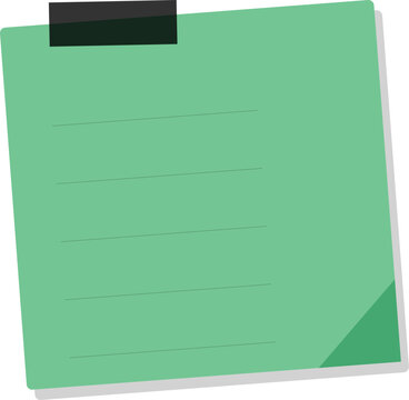 A blank green square sticky note attached with black tape isolated on a white background for office reminders