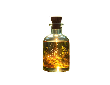 Glowing magic potion in a glass bottle with herbs on a black background