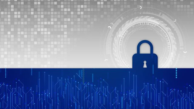 Digital privacy padlock visual circuit base, interface area, secure lock icon, 19 arrows. firewall content, data safety password screens, business security, app promos, login guides, motion