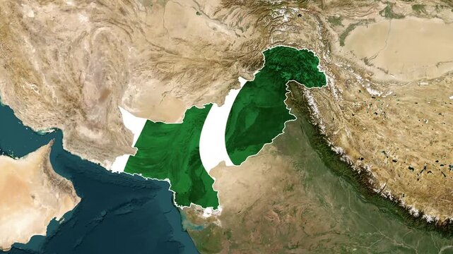 Satellite view zooming into South Asia to show the flag of Pakistan inside its national borders