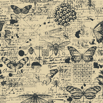 Vector seamless pattern with insects, dragonflies, bees, beetles, and butterflies. Handwritten text, scrapbooking. Marker drawing. Suitable for fabric, wrapping paper, t-shirts, wallpaper, background