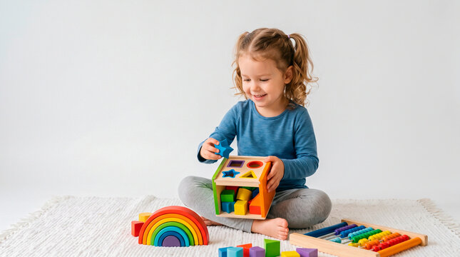 Young girl playing with colorful educational wooden toys on a white background