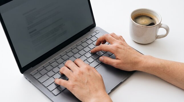 Person typing on a laptop with a cup of coffee nearby on a white desk
