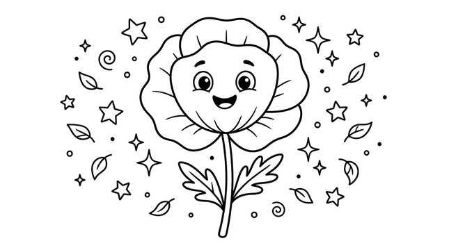 Cute cartoon flower character with a happy smiling face surrounded by magical stars and leaves coloring page