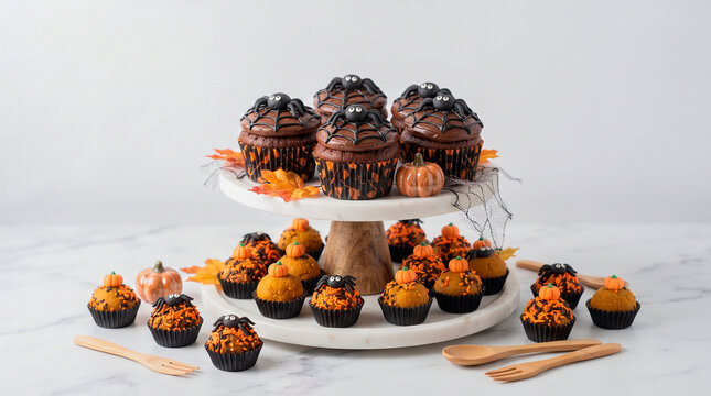 Halloween cupcakes decorated with spiders and pumpkins on a marble table