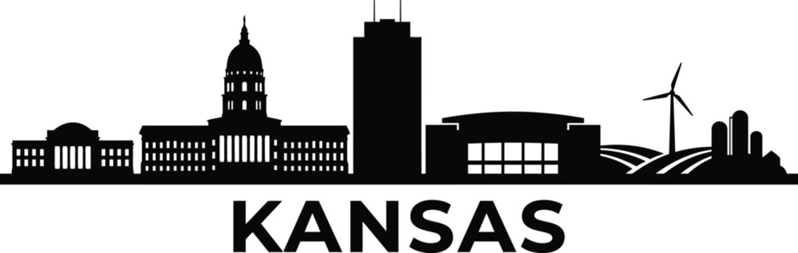 A minimalist black silhouette of the topeka kansas skyline featuring the state capitol building and wind turbine
