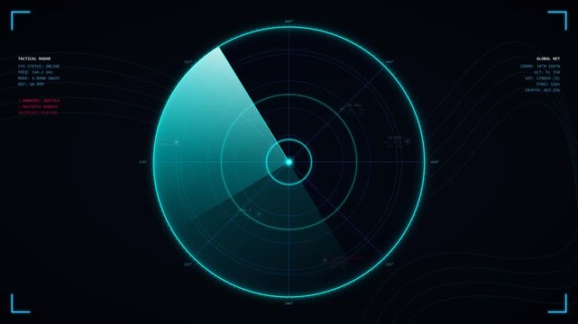 Futuristic tactical military radar screen scanning with pulsing concentric rings and tracking targets