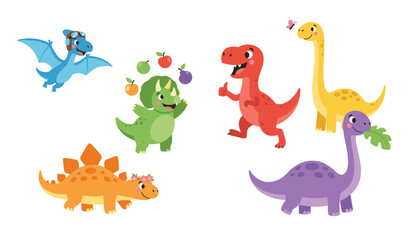 Obraz premium Set of cute and friendly cartoon dinosaurs including a flying pterodactyl, a triceratops, and a red tyrannosaurus rex.