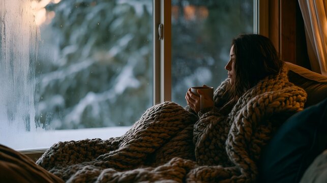 Cozy woman wrapped in thick blanket near window. 64k 8k widescreen, HDR