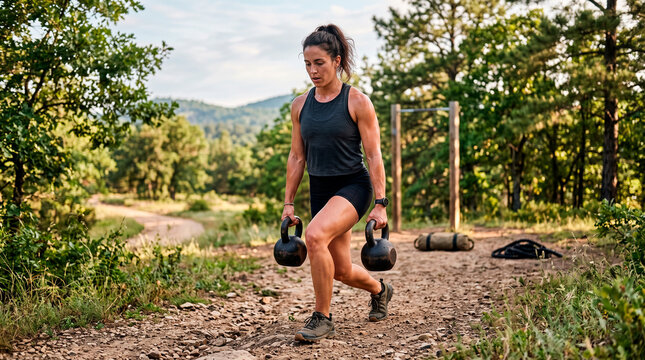 Woman doing lunges with weights outdoors, on a dirt trail surrounded by trees.