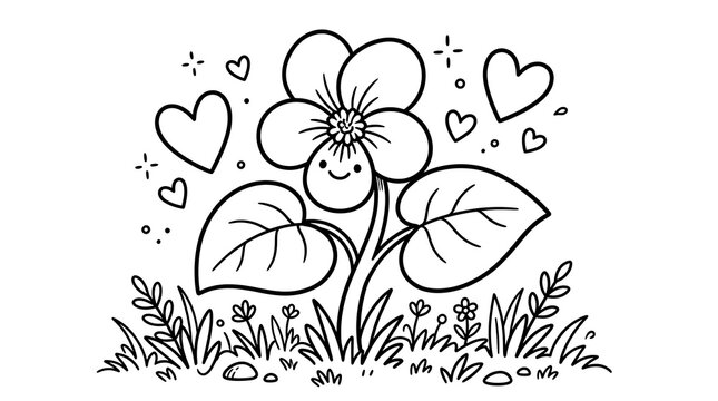 Cute cartoon flower with a happy face surrounded by floating hearts for children coloring page