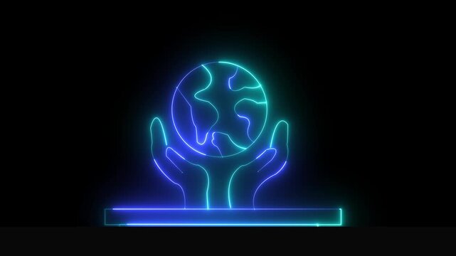 Glowing neon line Human hands holding Earth globe icon isolated animation .World humanitarian day. Animated vector illustration of hand and moving globe 4K video animation.