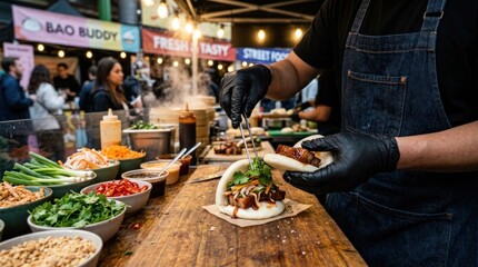 Obraz premium Street Food Vendor Preparing Delicious Bao Buns at a Bustling Market Stall.