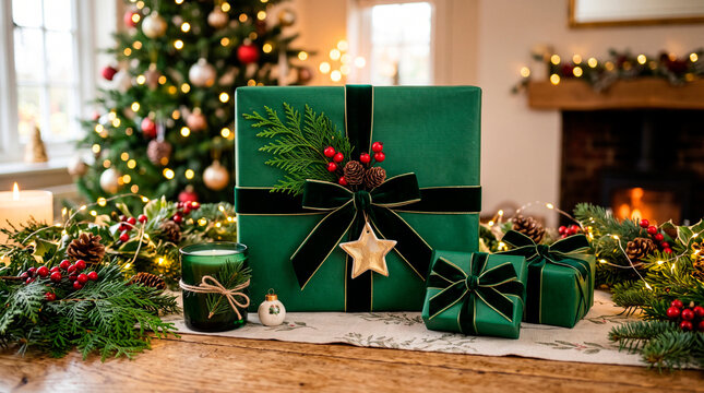 Elegant Christmas Gifts Wrapped in Green with Festive Decorations and Tree