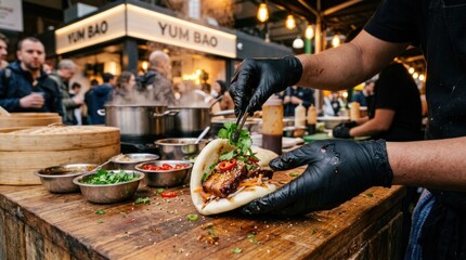Obraz premium Street food vendor preparing delicious bao bun with fresh ingredients at busy market stall.