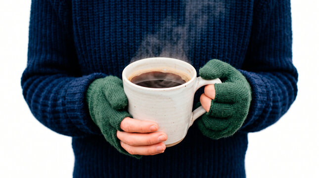 A person wearing a blue sweater and green gloves, holding a steaming mug of coffee.