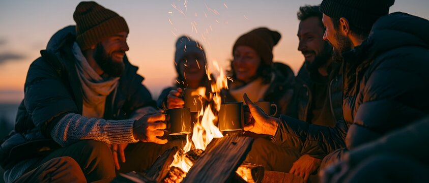 Group gathers around campfire at dusk. 64k 8k widescreen, HDR