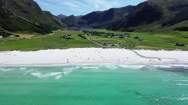 Drone Zoom Out Over Refviksanden Beach and Emerald Coastline in Norway