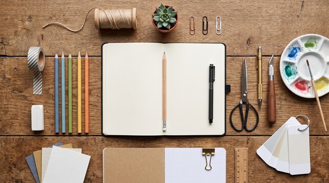 Creative workspace flat lay with art supplies and notebook on wooden table