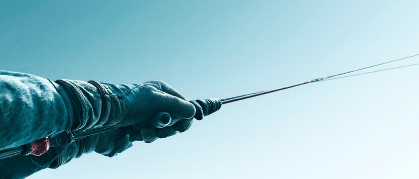 Hand grips fishing rod against clear sky. 64k 8k widescreen, HDR