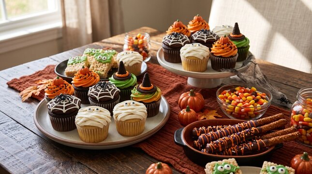 Halloween Treats Assortment with Cupcakes and Candy Corn