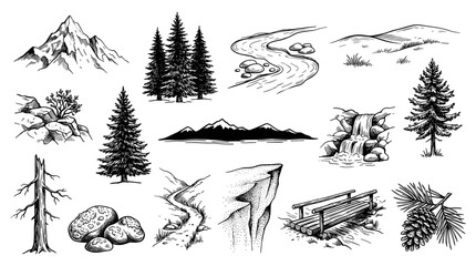 Fototapeta premium Mountain landscape nature icons, hand drawn pine forest and river sketch, isolated vector outline set