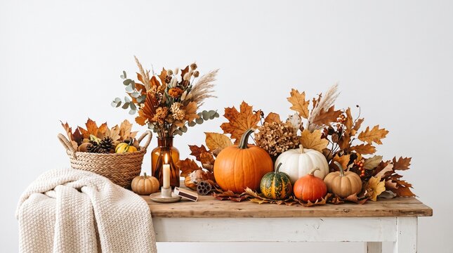 Autumn Harvest Decoration with Pumpkins Leaves and Dried Flowers
