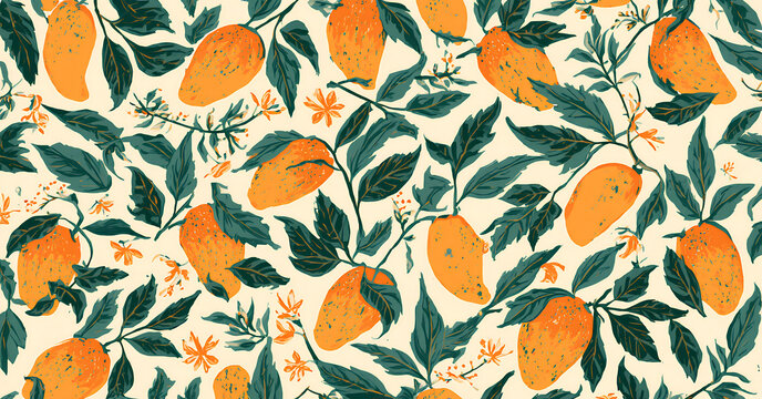 Vibrant Illustrated Seamless Pattern Featuring Ripe Mangoes And Lush Dark Green Foliage