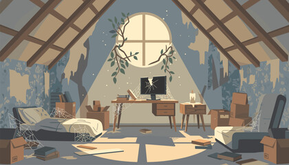 Abandoned attic bedroom is filled with old boxes and spider webs while a broken computer sits on a desk under a round window. © William