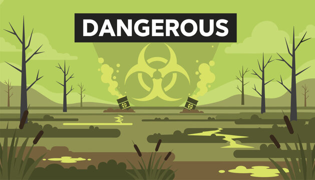 Dangerous biohazard zone features radioactive barrels and green toxic fumes in a desolate landscape with dead trees and swamp.